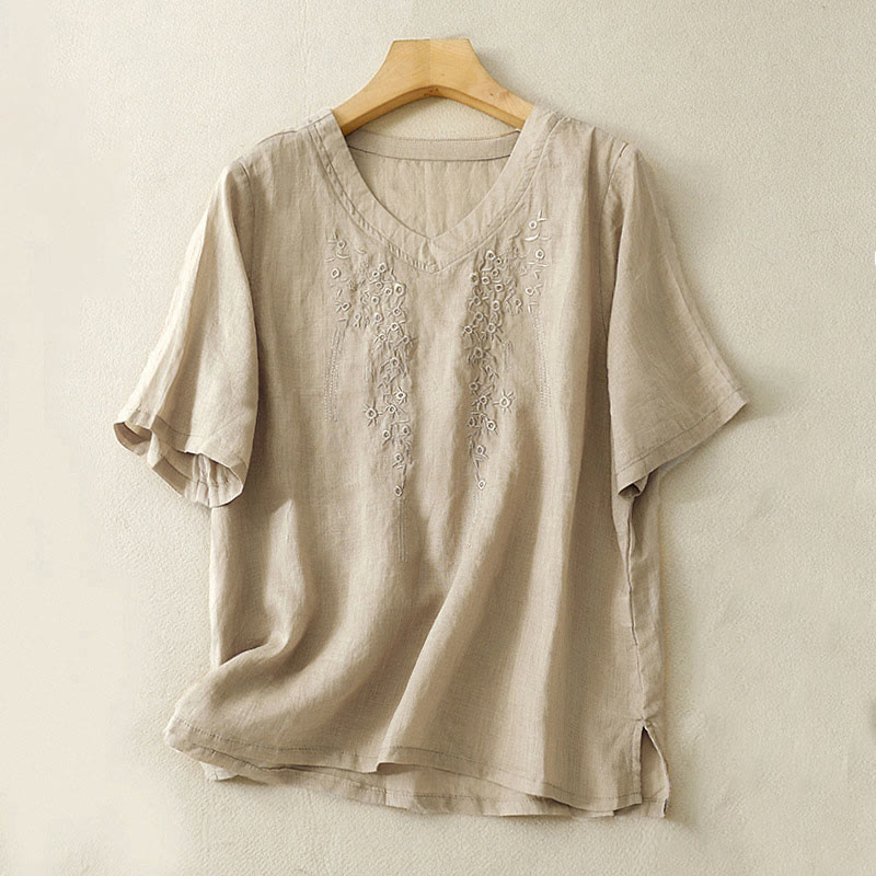 Buddha Stonesカジュアル レディース 刺繍フラワー Vネックデザイン ゆったり 半袖 コットンリネンシャツ