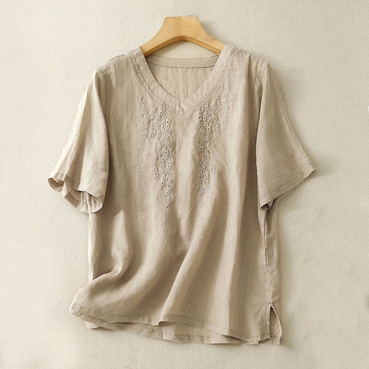 Buddha Stonesカジュアル レディース 刺繍フラワー Vネックデザイン ゆったり 半袖 コットンリネンシャツ