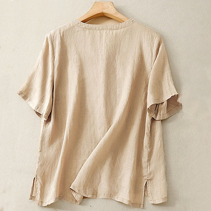 Buddha Stonesカジュアル レディース 刺繍フラワー Vネックデザイン ゆったり 半袖 コットンリネンシャツ - image 13