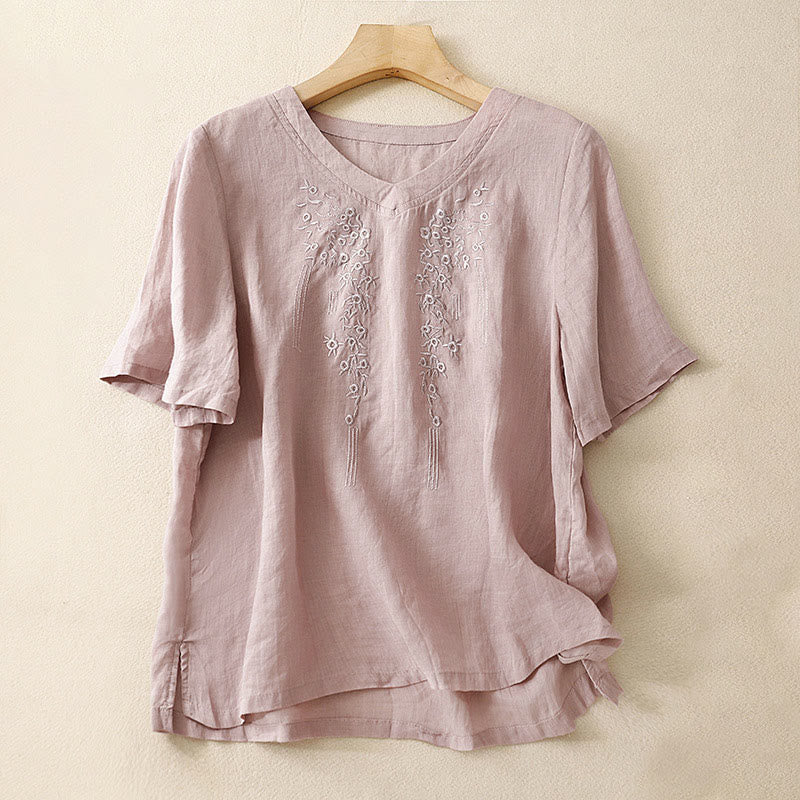Buddha Stonesカジュアル レディース 刺繍フラワー Vネックデザイン ゆったり 半袖 コットンリネンシャツ
