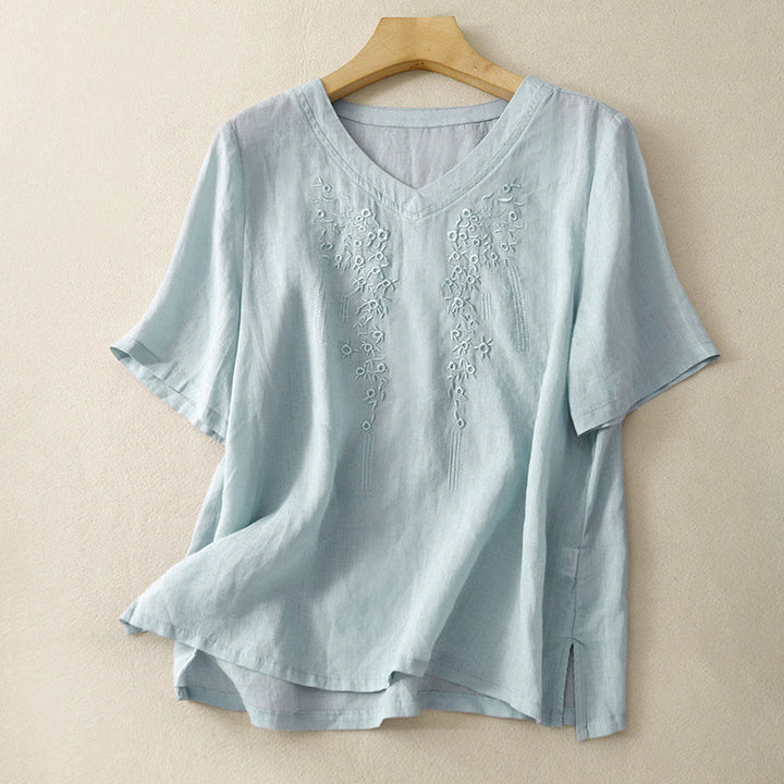 Buddha Stonesカジュアル レディース 刺繍フラワー Vネックデザイン ゆったり 半袖 コットンリネンシャツ