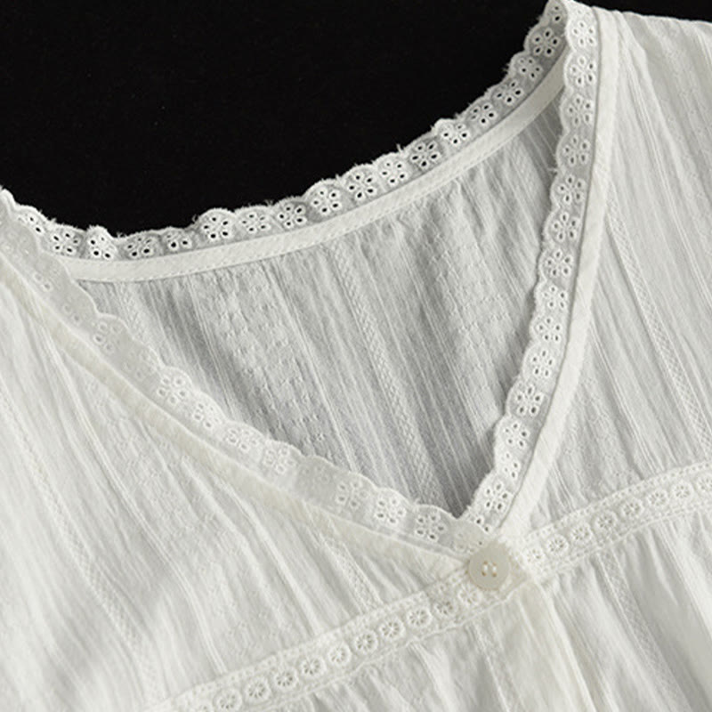 Buddha Stonesレディース ピュアホワイト レース Vネックデザイン 半袖コットンシャツ - image 6