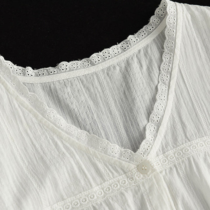 Buddha Stonesレディース ピュアホワイト レース Vネックデザイン 半袖コットンシャツ - image 6