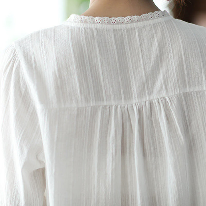 Buddha Stonesレディース ピュアホワイト レース Vネックデザイン 半袖コットンシャツ - image 5