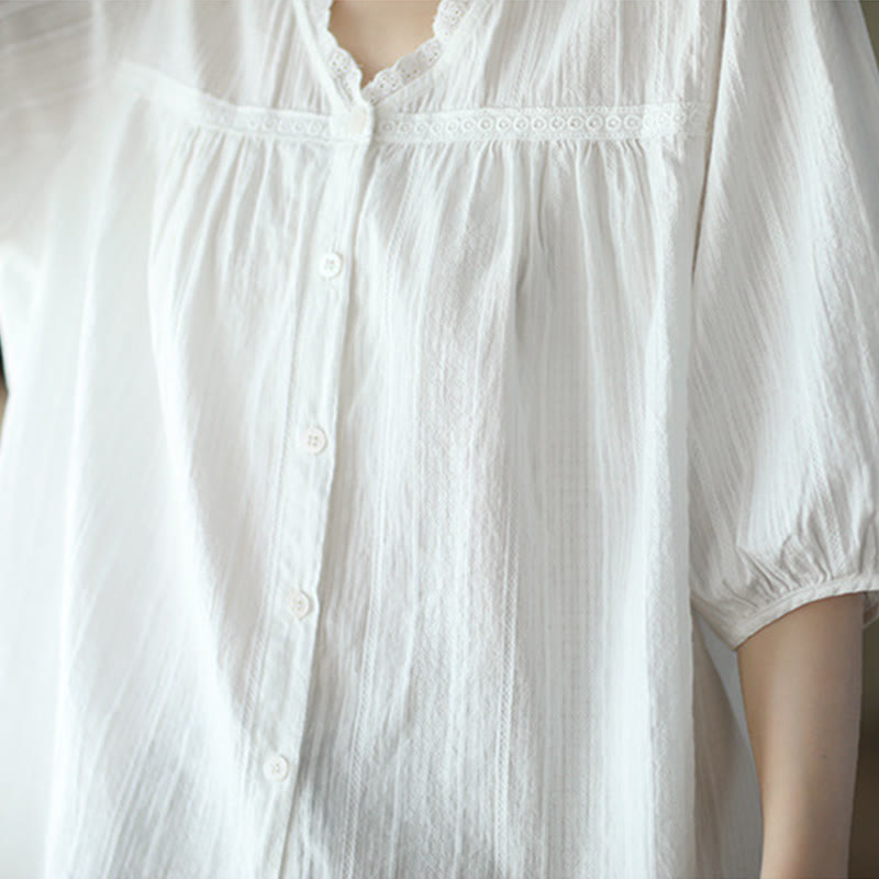 Buddha Stonesレディース ピュアホワイト レース Vネックデザイン 半袖コットンシャツ - image 7