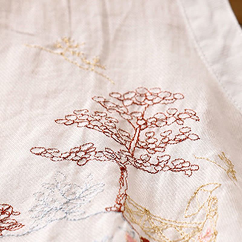 Buddha Stonesカジュアル刺繍植物スタンドカラーデザイン七分袖レディースコットンリネンシャツ
