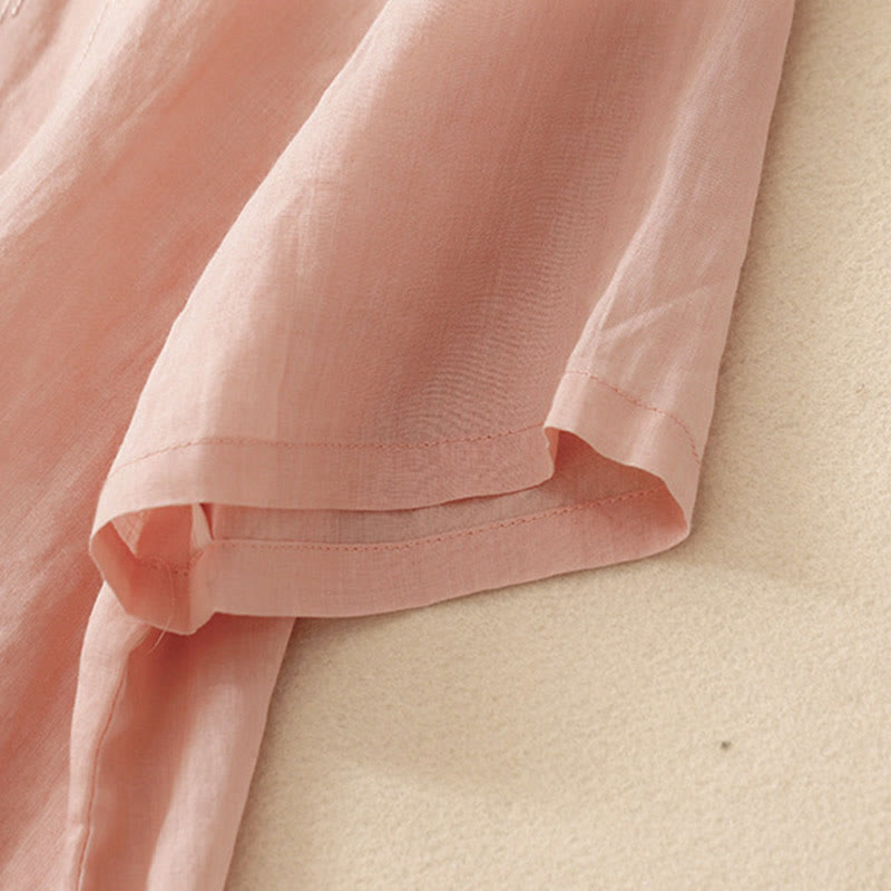 Buddha Stonesカジュアル レディース 刺繍フラワー Vネックデザイン ゆったり 半袖 コットンリネンシャツ - image 4