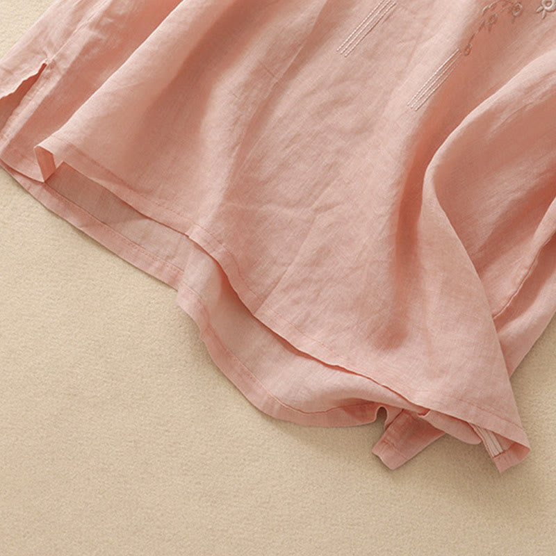 Buddha Stonesカジュアル レディース 刺繍フラワー Vネックデザイン ゆったり 半袖 コットンリネンシャツ - image 3