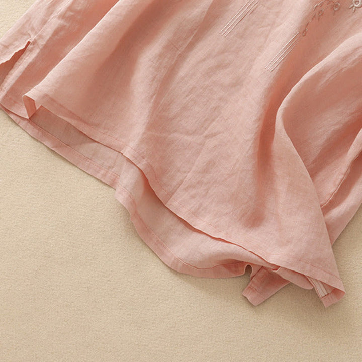 Buddha Stonesカジュアル レディース 刺繍フラワー Vネックデザイン ゆったり 半袖 コットンリネンシャツ - image 3