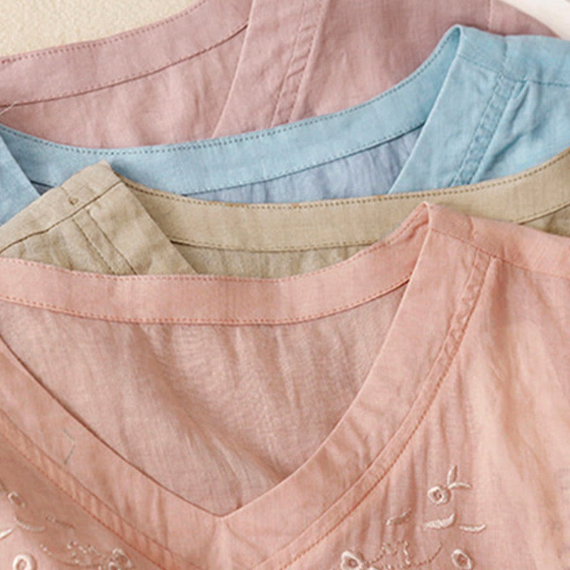 Buddha Stonesカジュアル レディース 刺繍フラワー Vネックデザイン ゆったり 半袖 コットンリネンシャツ - image 28