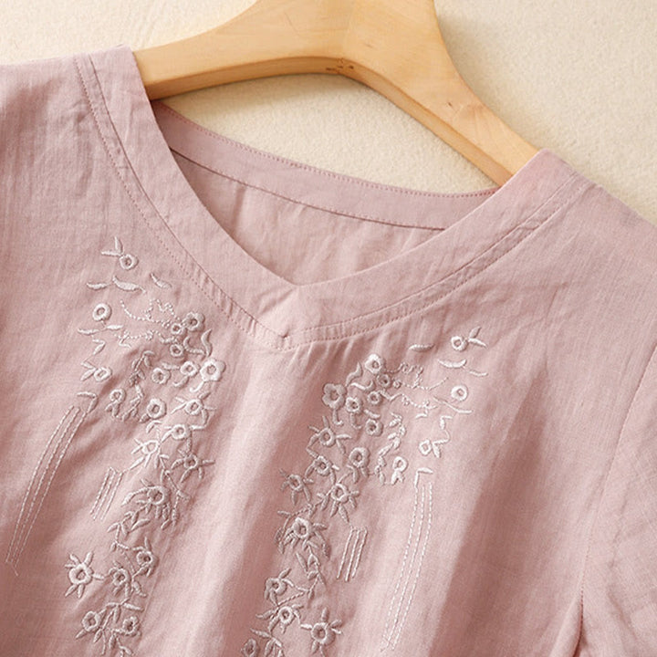 Buddha Stonesカジュアル レディース 刺繍フラワー Vネックデザイン ゆったり 半袖 コットンリネンシャツ - image 7