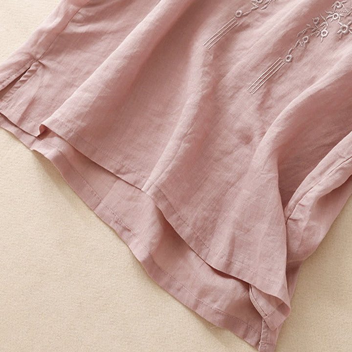 Buddha Stonesカジュアル レディース 刺繍フラワー Vネックデザイン ゆったり 半袖 コットンリネンシャツ - image 11