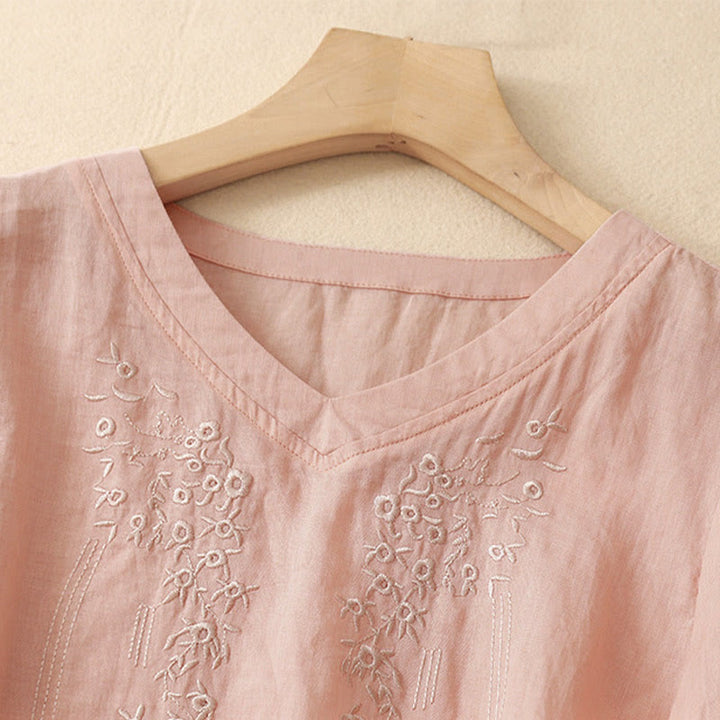 Buddha Stonesカジュアル レディース 刺繍フラワー Vネックデザイン ゆったり 半袖 コットンリネンシャツ - image 1