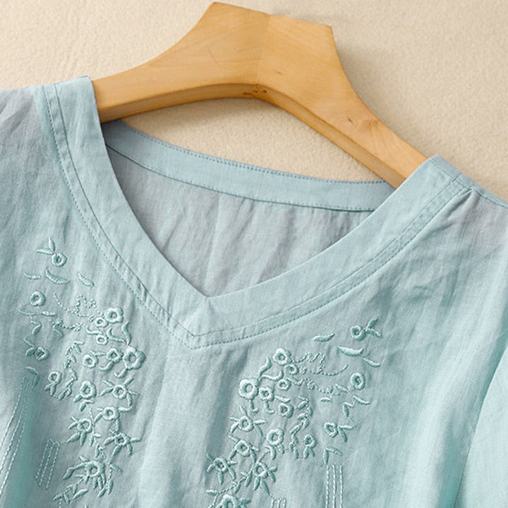 Buddha Stonesカジュアル レディース 刺繍フラワー Vネックデザイン ゆったり 半袖 コットンリネンシャツ - image 23
