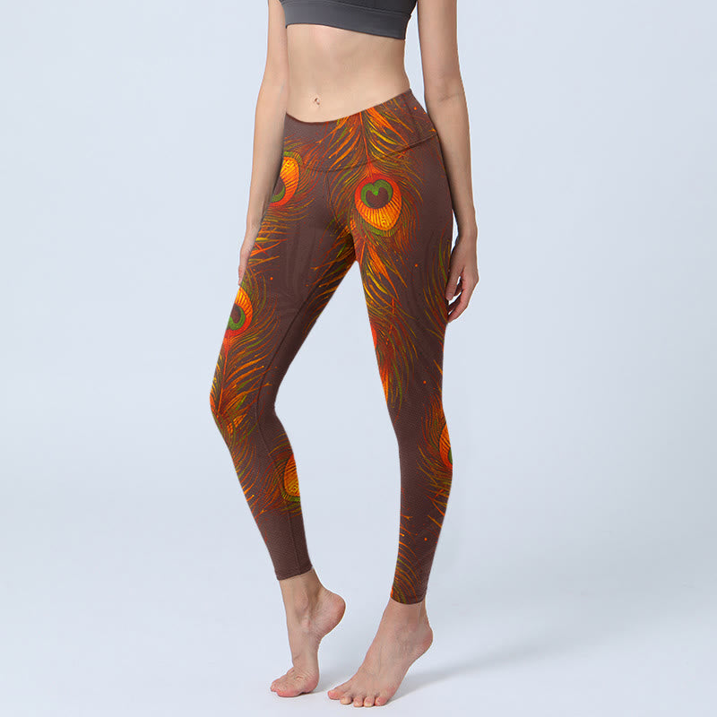 Buddha Stonesブラウン 孔雀の羽根プリント ジムレギンス レディース ヨガパンツ - サドルブラウン - US18、 UK/AU22、 EU50 (4XL) - image 1