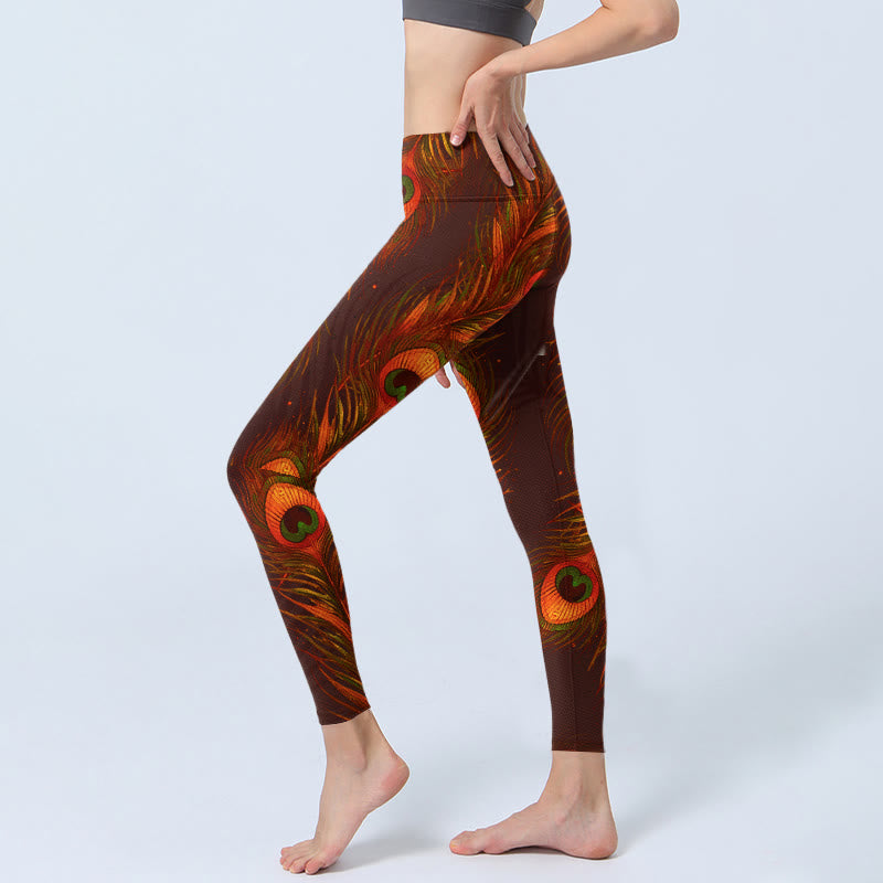 Buddha Stonesブラウン 孔雀の羽根プリント ジムレギンス レディース ヨガパンツ - image 3