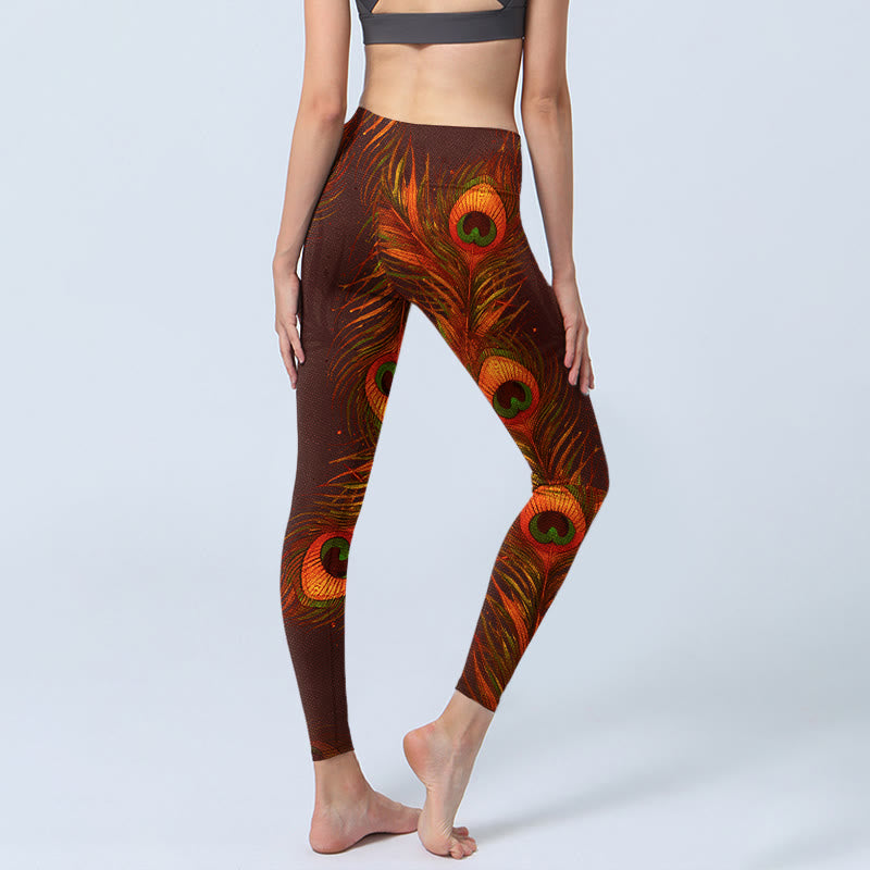 Buddha Stonesブラウン 孔雀の羽根プリント ジムレギンス レディース ヨガパンツ - image 5
