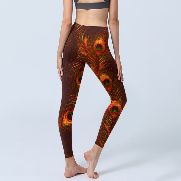 Buddha Stonesブラウン 孔雀の羽根プリント ジムレギンス レディース ヨガパンツ - image 5