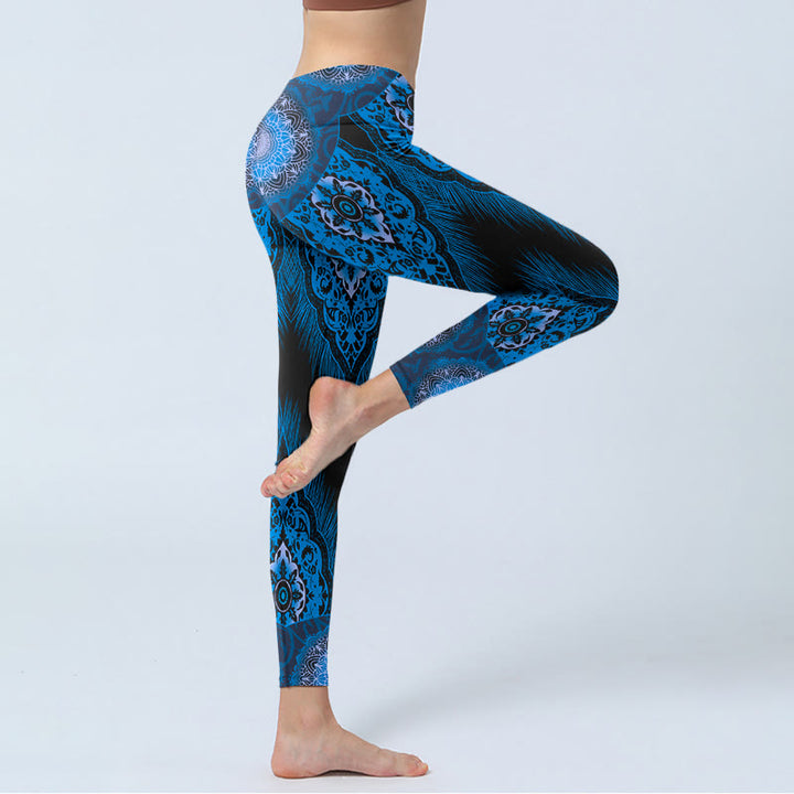 Buddha Stonesブルー マンダラ フェザー プリント ジムレギンス レディース ヨガパンツ - image 5