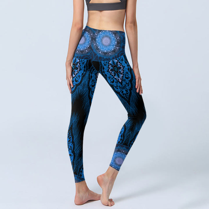 Buddha Stonesブルー マンダラ フェザー プリント ジムレギンス レディース ヨガパンツ - image 4