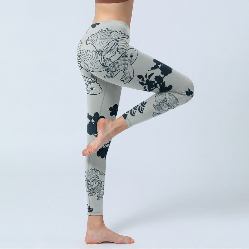 Buddha Stonesグレー鯉魚フローラルウェーブプリントジムレギンスレディースヨガパンツ - image 4