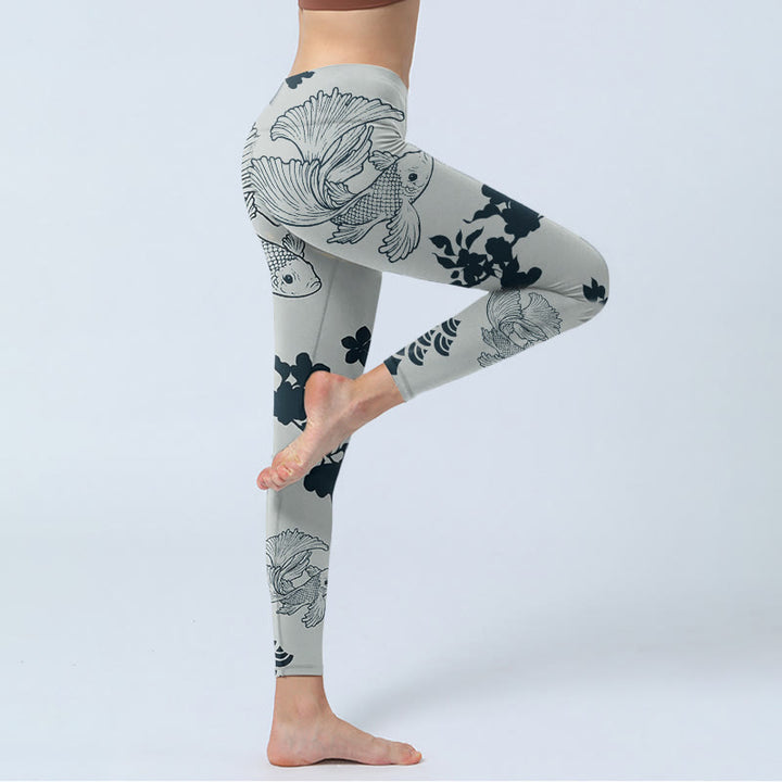 Buddha Stonesグレー鯉魚フローラルウェーブプリントジムレギンスレディースヨガパンツ - image 4