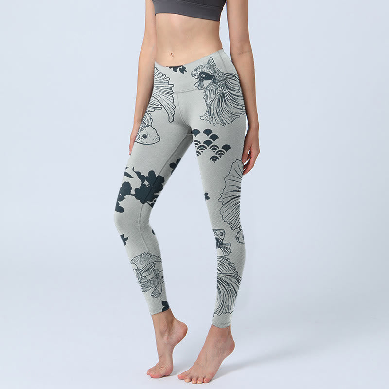Buddha Stonesグレー鯉魚フローラルウェーブプリントジムレギンスレディースヨガパンツ - 銀 - US18、 UK/AU22、 EU50 (4XL) - image 1
