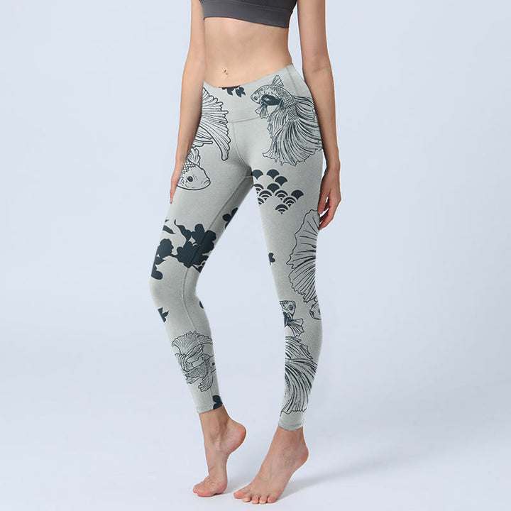Buddha Stonesグレー鯉魚フローラルウェーブプリントジムレギンスレディースヨガパンツ - 銀 - US18、 UK/AU22、 EU50 (4XL) - image 1