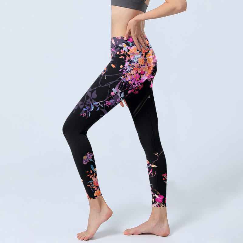 Buddha Stonesブラック ピンク 花柄 葉っぱプリント ジムレギンス レディース ヨガパンツ - image 3