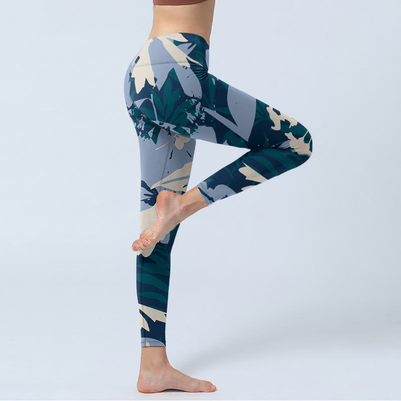 Buddha Stonesブルー 植物 葉 プリント ジムレギンス レディース ヨガパンツ - image 5