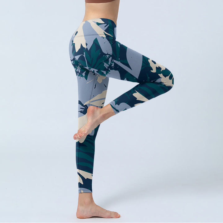 Buddha Stonesブルー 植物 葉 プリント ジムレギンス レディース ヨガパンツ - image 5