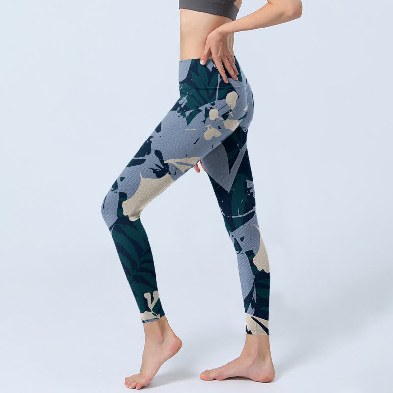 Buddha Stonesブルー 植物 葉 プリント ジムレギンス レディース ヨガパンツ - image 3