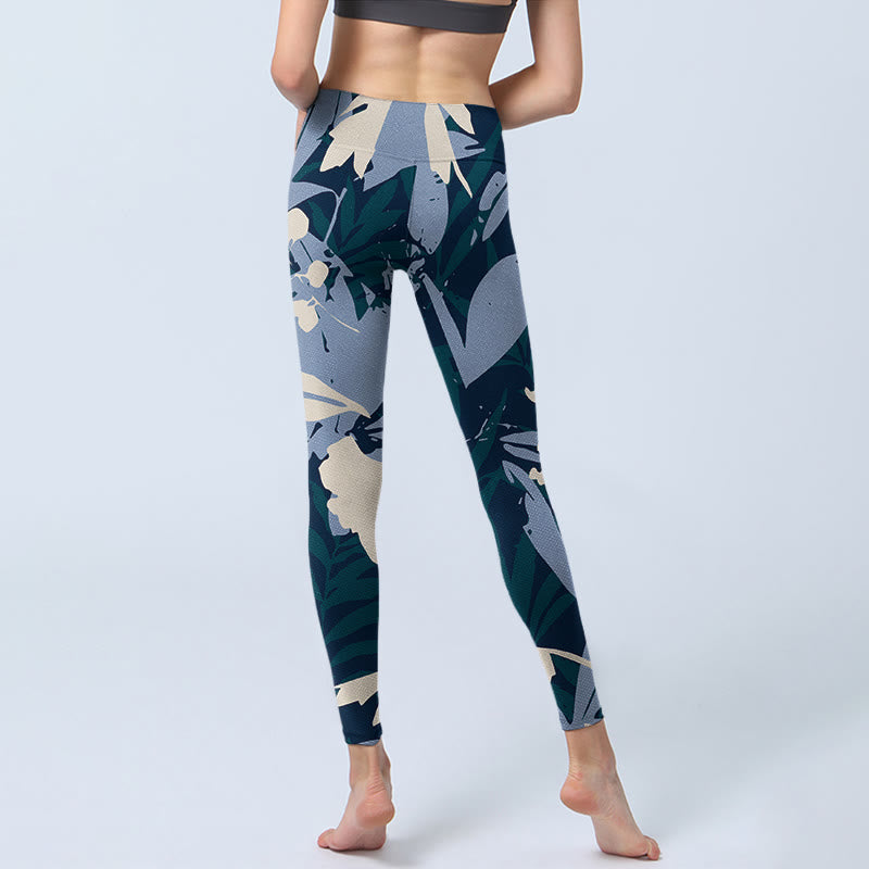Buddha Stonesブルー 植物 葉 プリント ジムレギンス レディース ヨガパンツ - image 7