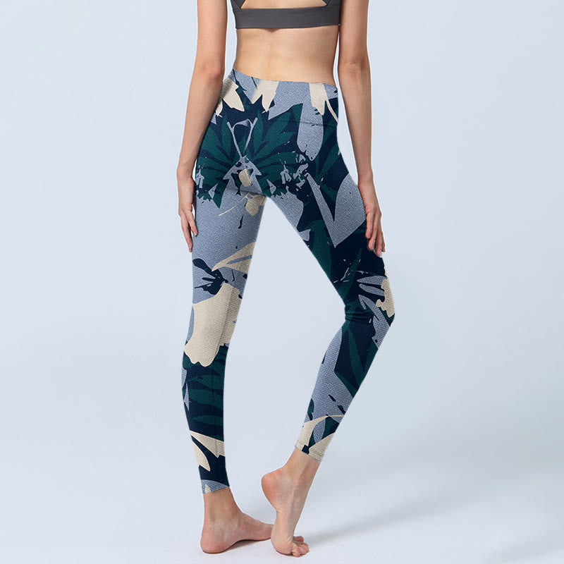 Buddha Stonesブルー 植物 葉 プリント ジムレギンス レディース ヨガパンツ - image 4