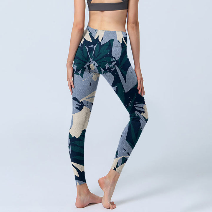 Buddha Stonesブルー 植物 葉 プリント ジムレギンス レディース ヨガパンツ - image 4