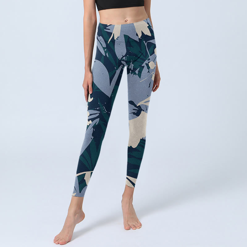 Buddha Stonesブルー 植物 葉 プリント ジムレギンス レディース ヨガパンツ - image 6
