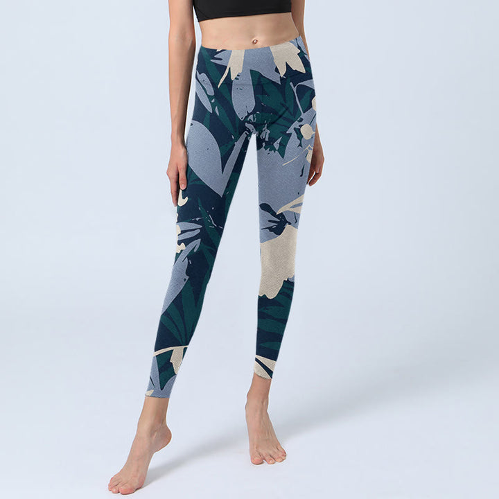 Buddha Stonesブルー 植物 葉 プリント ジムレギンス レディース ヨガパンツ - image 6