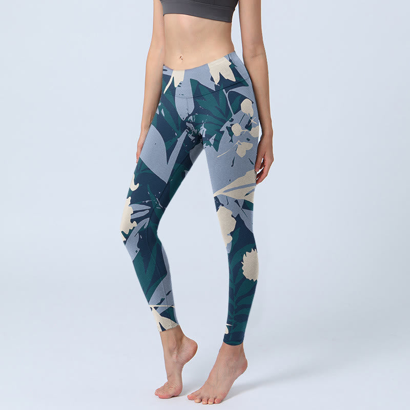 Buddha Stonesブルー 植物 葉 プリント ジムレギンス レディース ヨガパンツ - ライトスチールブルー - US18、 UK/AU22、 EU50 (4XL) - image 1