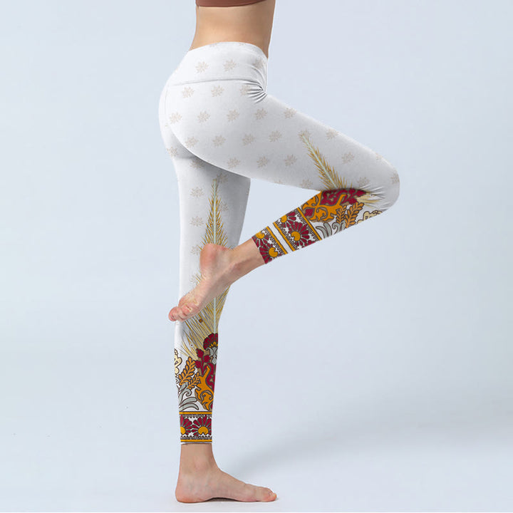 Buddha Stonesホワイト アブストラクト 蓮の花 プリント ジムレギンス レディース ヨガパンツ - image 4