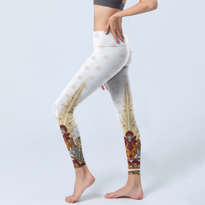 Buddha Stonesホワイト アブストラクト 蓮の花 プリント ジムレギンス レディース ヨガパンツ - image 3