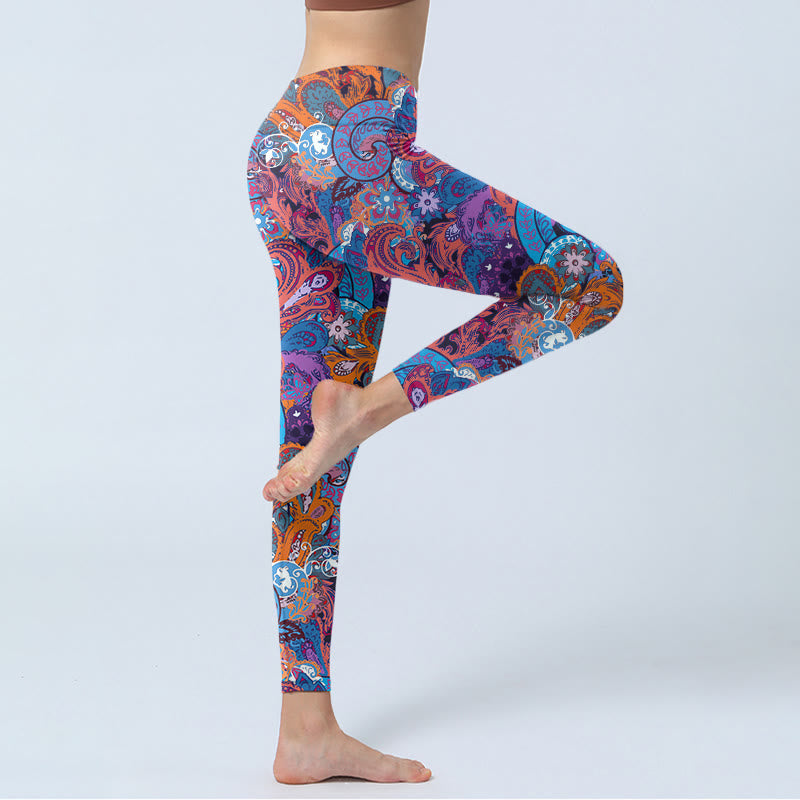 Buddha Stonesカラフルフローラルカーリーグラスプリント ジムレギンス レディース ヨガパンツ - image 5
