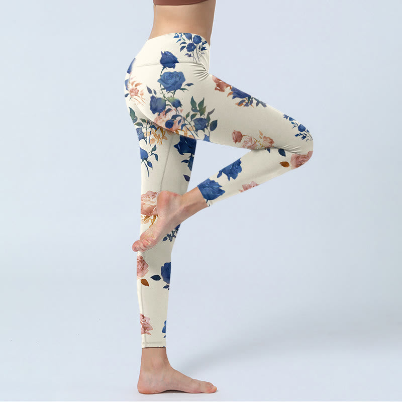 Buddha Stonesレッド ブルー ローズリーフプリント ジムレギンス レディース ヨガパンツ - image 4