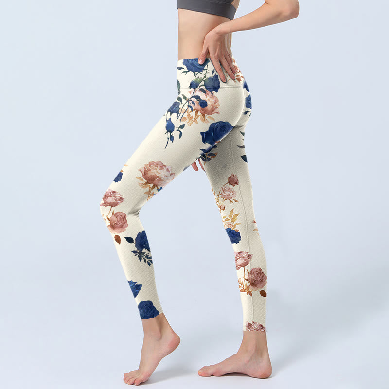 Buddha Stonesレッド ブルー ローズリーフプリント ジムレギンス レディース ヨガパンツ - image 3