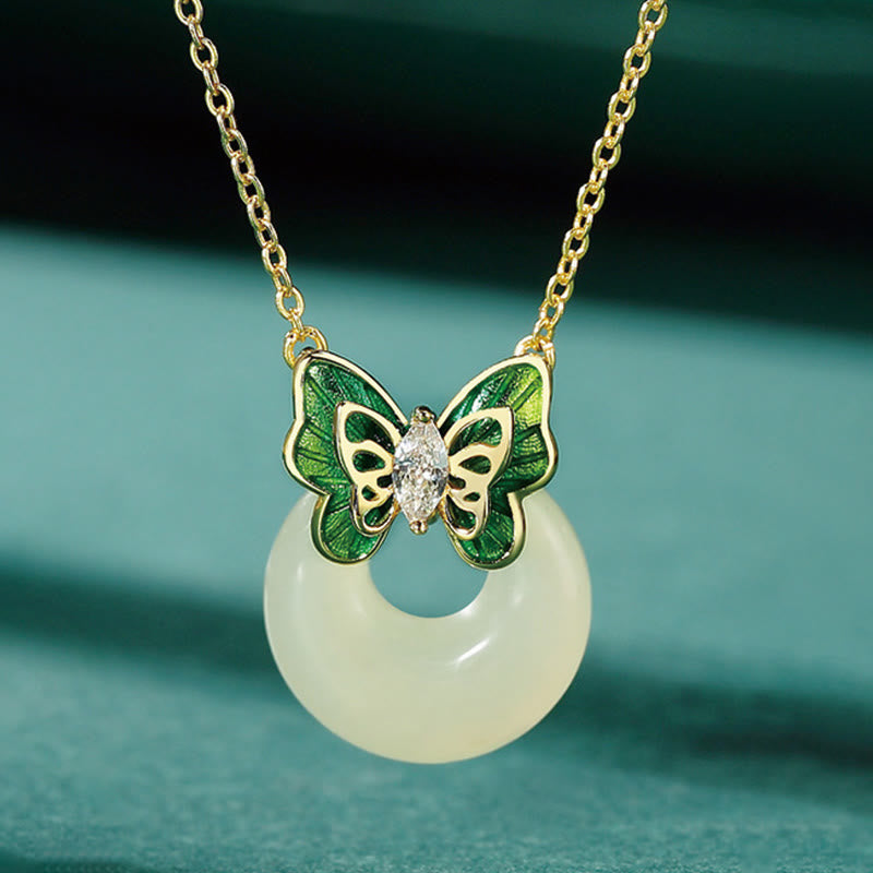 Buddha Stones 925スターリングシルバー 天然和田翡翠 平和バックル バタフライジルコン 幸運ブレスレット ネックレス ペンダント