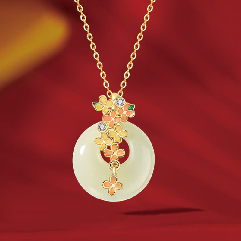 Buddha Stones925 スターリングシルバー 天然和田翡翠 キンモクセイの花 平和バックル ジルコン 幸運のブレスレット ネックレス ペンダント