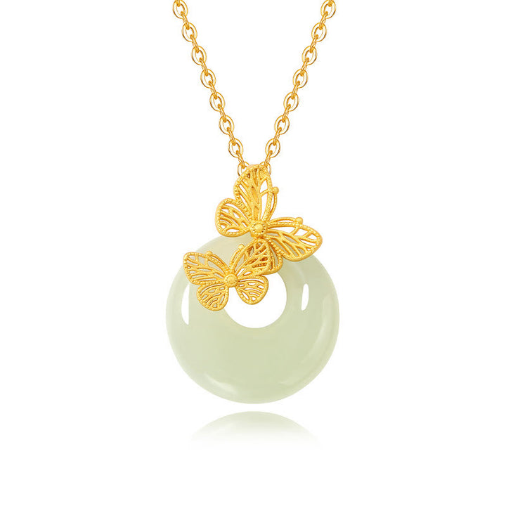 Buddha Stones 925スターリングシルバー 天然和田翡翠 蝶 繁栄のネックレスペンダント