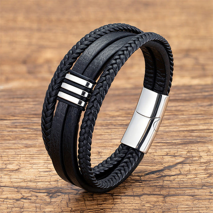 Buddha Stonesハンドメイド編み込みレザー 落ち着いたチタンスチールバックルブレスレット