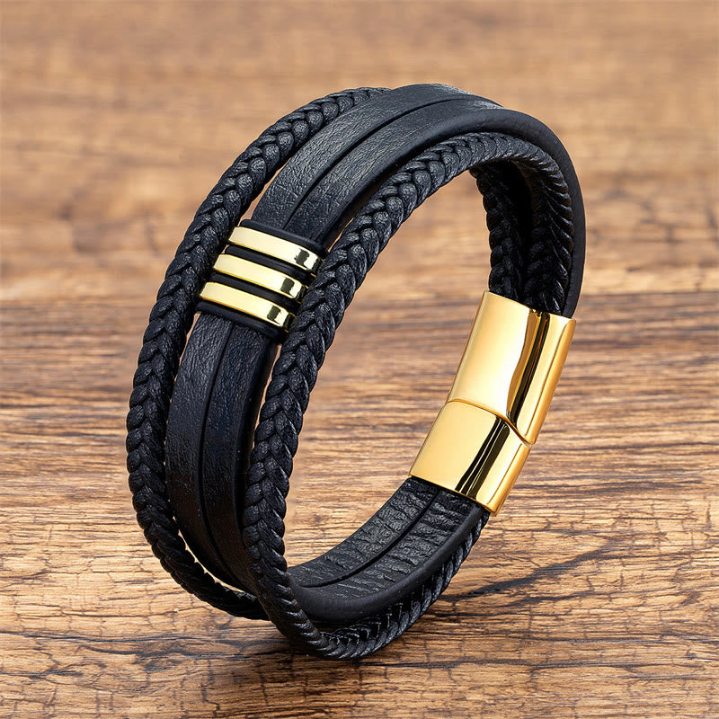 Buddha Stonesハンドメイド編み込みレザー 落ち着いたチタンスチールバックルブレスレット