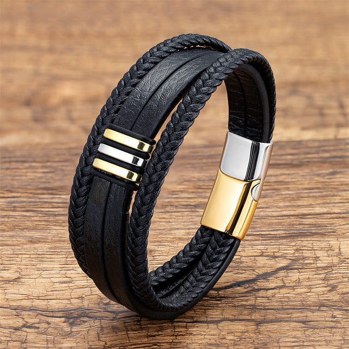 Buddha Stonesハンドメイド編み込みレザー 落ち着いたチタンスチールバックルブレスレット
