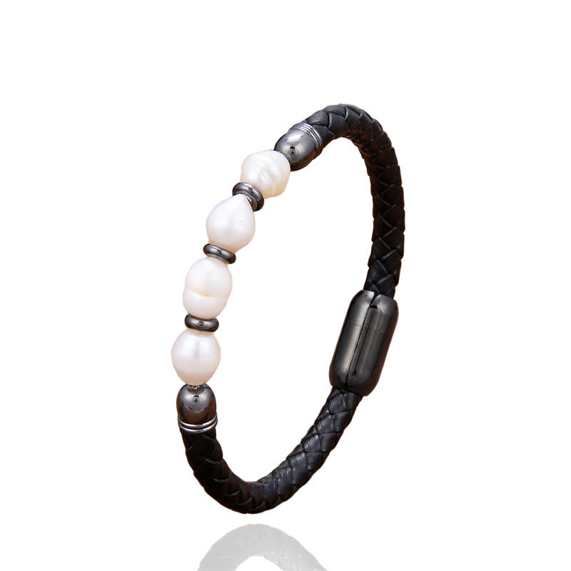 Buddha Stonesハンドメイド不規則な形の真珠のヒーリングレザーチタンスチールバックルブレスレット